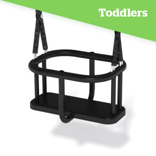 Hags Cradle Seat on a white background. The seat is black with a flat bottom and a cradle to hold in a small child. Captioned: Toddler Seat